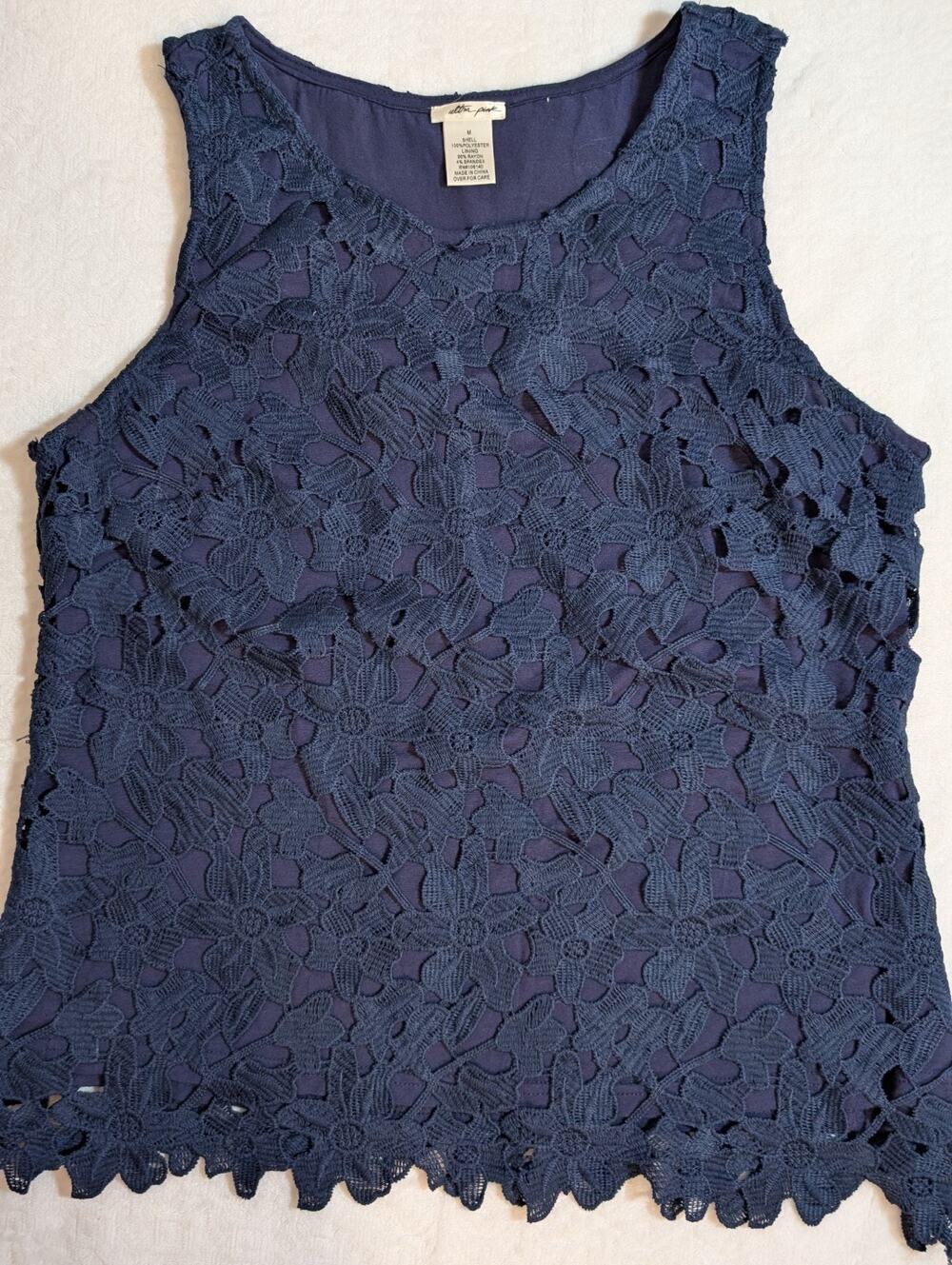 Ultra Pink Navy Blue Crochet Lace Yoke Top Blouse Size M